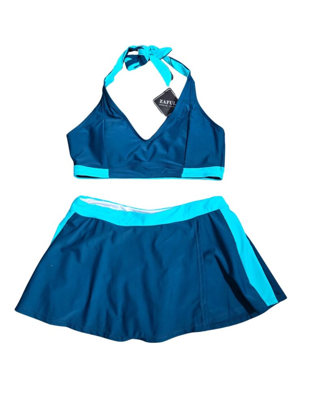 NWT | ZAFUL Teal & Aqua Color-Blocked 2-Piece Swimsuit | Skirted Bottom | 8-10